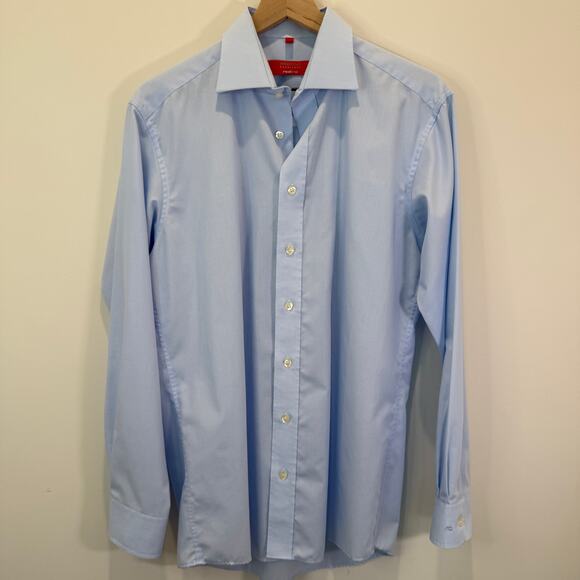 Men's Button Down Dress Shirt Eterna Excellence Redline Size 40L 15.75 Neck Blue - Picture 1 of 12